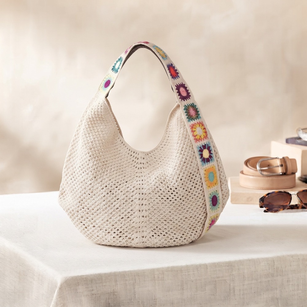 NEW Cream Open‎ Knit Crochet Hobo Bag with Colorful Granny Square Strap